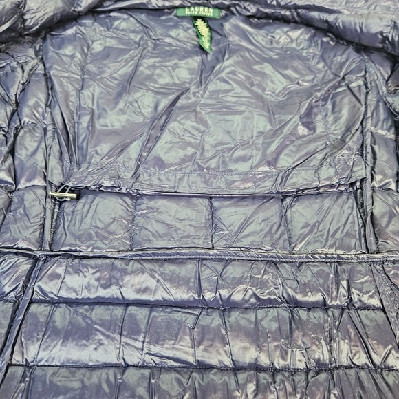 Lauren Ralph Lauren Quilted Puffer Hood Long Coat Navy Preppy Women M Duck Down - Picture 3 of 13